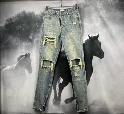 款号Fz064 正确版本Fear Of God 4Th四季神牛修身直筒双膝破坏高街拉链水洗做旧美式牛仔长裤 贾斯丁比伯同款 关于辅料：定制辅料 钮扣 皮标 主唛