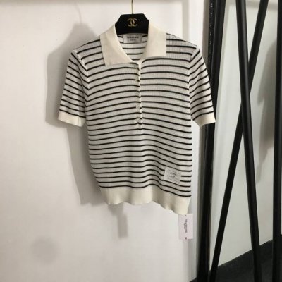 款号20252600 Thom Brown* Tb新款 Polo领条纹短袖天丝针织衫 上衣，白色，Sml， M码；胸围88，袖长21，长55