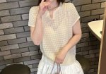 春夏新款薄款网格镂空设计天丝针织短袖 v领性感针织衫上衣
