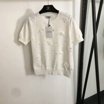 款号20253250 Valentin*新款 立体珍珠花朵装饰套头短袖针织衫 白色 藏蓝色 Sml L码 胸围92 袖长21 衣长54