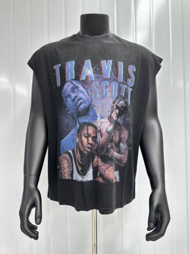 Vt006 Travis Scott斯科特Big Face人像演出限定浮夸搞怪印花复古水洗做旧无袖坎肩T恤 小领口设计 白墨数码直喷印花 手工磨破工艺 高街复古