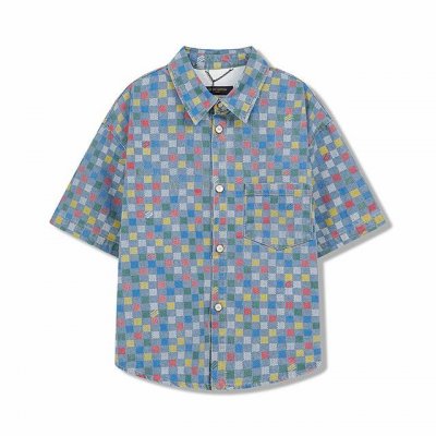 LV 正确版 定制订染布 彩色棋盘格拼色翻领牛仔衬衫 yb购入打版 面料对位对花计 根据尺码大小进行延伸设计空间1每个裁片对版定制取花位 面料板块的切割效果的设