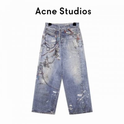 元 顶级品质 款号：Sd011 款式：Acne Studios 24Ss 3D打印花裤链条挂件做旧泥染泼墨宽松休闲牛仔裤 面料：精棉斜纹布，牛仔色表面质感好。