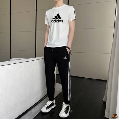 阿迪达斯 独家实拍上新夏季高品质冰丝短袖套装薄款透气弹力凉感T恤长裤三条杠休闲运动服两件套 本季主打 货源充足 放心主推 高端品质 经典设计 做工出色 经典百搭