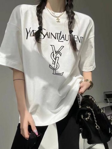 ysl圣罗兰 高克重纯棉直筒T恤镂空印花短袖情侣款 Color: 白色 Size: M-Xl M 肩宽50 胸围112 衣长 Cm L 肩宽51 胸围116 衣