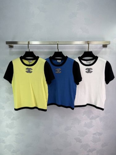 chane*25春夏新款针织圆领短袖 拼接色设计 品牌双C字母Logo点缀 经典时髦简约百搭 尺码Sml。T226B