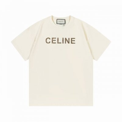 gucci 古驰 联名 Celine 赛琳 限定系列 2025新款 联名贴布字母Logo 男女同款 短袖T恤 定制300克100％双纱纯棉面料 定染32支双股螺