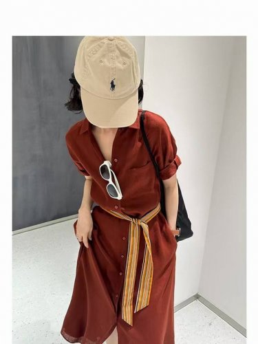 出货 鼎奢系列~Gao级大方~Lp经典撞色腰带 100%纯亚麻连衣裙Smlxl