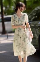爆款上新！竹叶古典新中式国风印花晕染连衣裙女夏季优雅气质时尚减龄中长裙温柔系夏V领泡泡袖碎花长款连衣裙 面料:竺麻丝 里布四面弹 图色 Smlxl