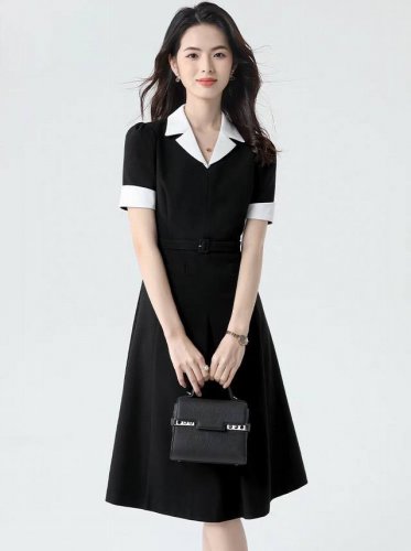 连衣裙 夏季新款 名媛职业通勤高级感西装领拼色收腰大摆连衣裙S Mlxl 面料：棉混纺 S码胸围86肩宽35腰围74裙长109 每个码胸围平铺腰围相差，衣长肩宽