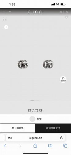 gucci古驰情侣款互扣式双G耳钉毛晓彤同款，专柜同步在售。这款纯银耳环将品牌标志性的双G字母交织图案融入拧花饰带设计，经过精心设计和专业制作，通过微妙细节致敬