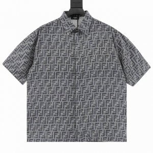 Fendi芬迪Fd 明线Ff提花短袖衬衫 正品9000购入，采用亚麻混纺竹节150克面料，70D衬布，布匹直喷，对位裁床，定制辅料，宽松版型 Size：38-4