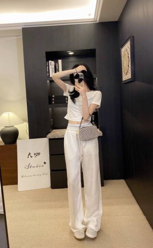 新品上新短袖 裤子115 Aw 字母满印短袖双腰钢印长裤 高级定制 Alexanderwan*大王 新款圆领短袖醋酸钢印长裤超有质感的一套穿搭裤子拼接腰头一套大