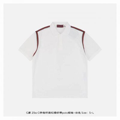 gucci 古驰 25Ss G字母环肩红绿织带polo短袖-白色 面料采用原版定制 G全棉朱地布料 螺纹染色原版一致 原版定制红绿织带 衣服肩部两侧织带设计 胸