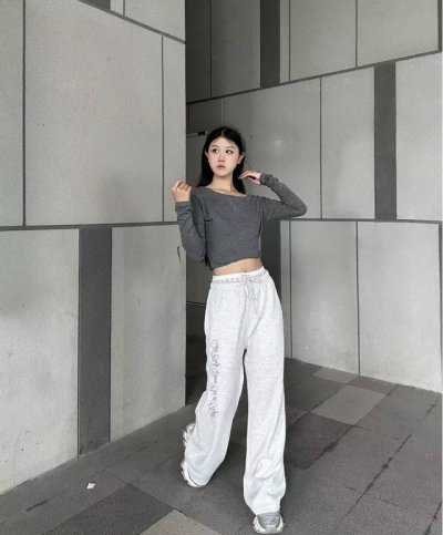 现货秒发 Badbloo* Bad拼接蕾丝腰头长裤 限量照片 新品推荐 爆款搭配时尚穿搭 深灰色 浅灰色 黑色 : Sml : 裤子 裤子货号 7211#