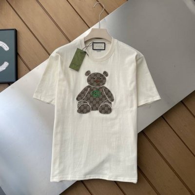 专柜还原顶级复刻版 Gucci古驰双G提花牛仔小熊贴布绣花情侣款短袖T恤 刺绣+刺绣』 Gucci贴布熊 超好看 胸前双G字母刺绣 面料采用32支230G双纱纯