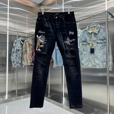 amiri 破洞图案字母刺绣街头潮流修身小脚弹力牛仔裤 颜色 黑色 码数 30 32 34 36 38