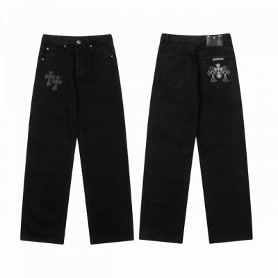 现货 p 9929 Ch水洗做旧黑色色十字架拼皮牛仔裤男女同款 码数:28 30 32 34 36