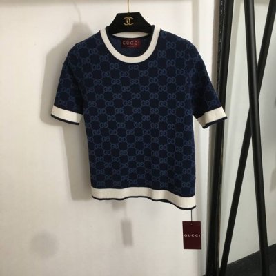 款号20252940 Gucc*新款 老花Gg字母提花套头短袖针织衫 藏蓝色 Sml M码 胸围86 袖长23 长54