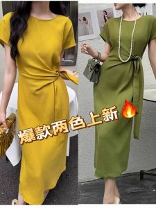 连衣裙 爆款上新 上图必补 亚麻法式名媛风绑带收腰连衣裙 黄色.绿色两色四码Smlxl