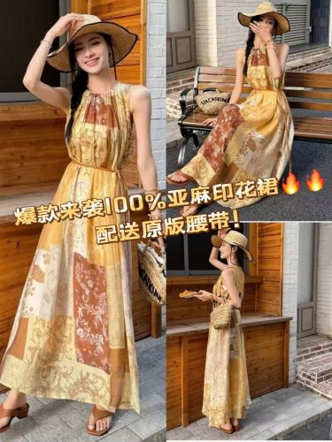 连衣裙 160%亚麻印花连衣裙！无袖系带收腰设计+宽松裙摆 复古元素碰撞，勾勒腰线，一步一摇曳，轻松拿捏时尚感！配原版腰带 Smlxl