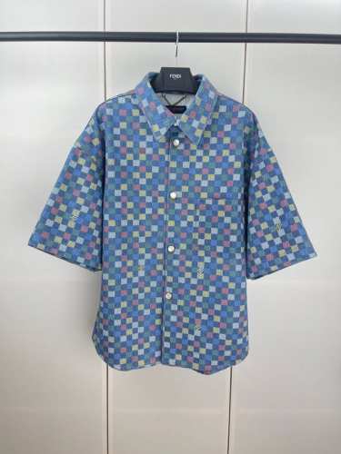 LV路易彩色棋盘牛仔短袖衬衫 S M L Xl