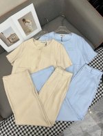 miumi* 25Ss圆领短袖外套直筒裤套装 字母贴布绣花装饰 天丝亚麻面料 简约大方 两色三码Sml