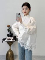爆款推荐！！高档精梳抗皱棉！拼水溶蕾丝跑量内搭花边小立领上衣！Smlxl