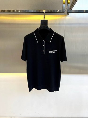 gucc古驰、25S春夏新款，男士经典条纹嵌花桑蚕丝伊力特针织圆领短袖T恤衫！选用客供进口粘纤
