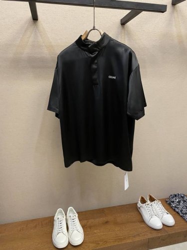 Celine，Ce 赛琳夏装新款 100%桑蚕丝立领宽松短袖 冰凉质感上身有品有型 定做刻字扣子 胸前Logo印花 宽松版型 男女同款 尺码：S-Xl