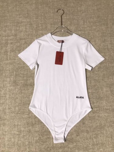 alay*A新品时尚简约大气纯色圆领短袖刺绣徽标修身显瘦紧身打底连体衣。Smlxl