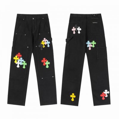 现货 9970 Ch新款美式复古十字架拼皮水洗伐木工装裤宽松牛仔裤男女同款 颜色：黑色 码数：S M L Xl