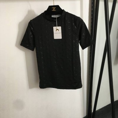 款号20252103 Marine Serr*新款 月亮印花立领短袖T恤， 黑色，S-Xl， M码；胸围84，袖长21，衣长56