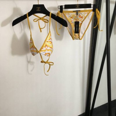 款号 5234 Dg*新款比基尼分体泳衣套装，复古花纹印花系带内衣+三角内裤，黄色，S-Xl，