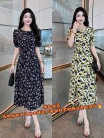 连衣裙 黑色 黄色 S-Xxl 5个码 2025新款上新法式轻奢气质时尚洋气收褶全摆开叉印小花收腰大摆长裙~ 时尚印花 优雅气质女人味 优雅干练~ ~ 超级显瘦
