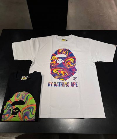 00152款A Bathing Ape Fw23 大理石纹撞色猿人圆领短袖T恤 男女同款 码数Smlxlxxl 黑色白色