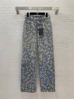 款号D25050342 Louis*驴家Lv新款 高端定制原版字母Logo纽扣、彩色棋盘格印花时尚个性窄版阔腿牛仔裤直筒长裤！ M码：腰围72，臀围92，裤长1