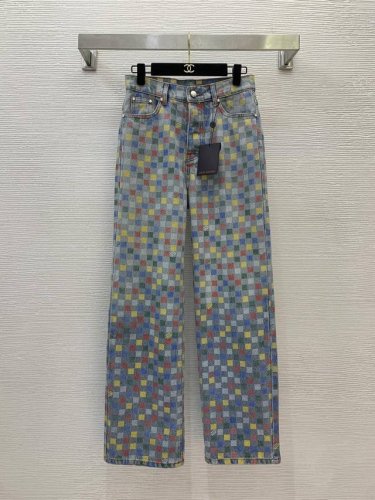款号D25050342 Louis*驴家Lv新款 高端定制原版字母Logo纽扣、彩色棋盘格印花时尚个性窄版阔腿牛仔裤直筒长裤！ M码：腰围72，臀围92，裤长1