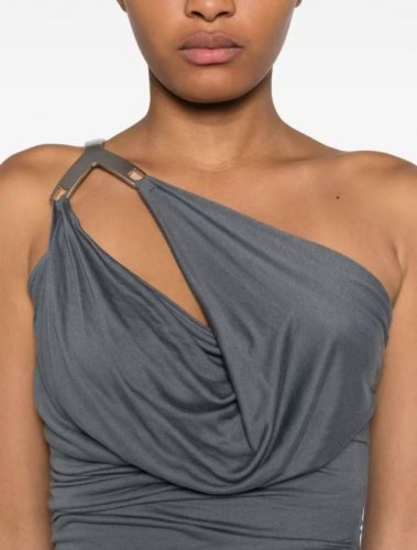 rick Owens 2025 春夏性感辣妹风单肩金属扣系带露背褶皱显瘦上衣 咖啡色 蓝灰色 黑色 Sm L，