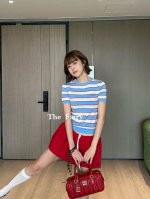 新款蓝白条纹经典清新短袖羊毛针织衫T恤短款上衣舒适 均码 天丝