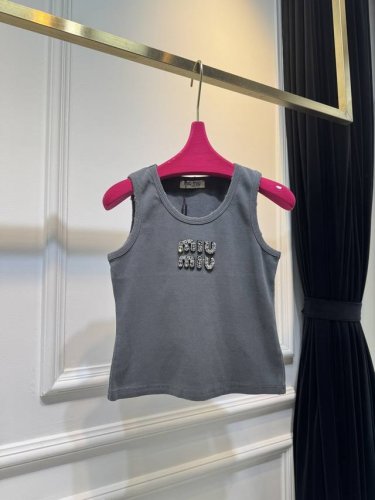 miumi新款重工钉珠水钻字母徽标无袖罗纹针织背心 Sml