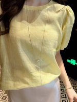 春夏原创新款苎麻斜纹金线罗纹上衣杏黄浅兰三色