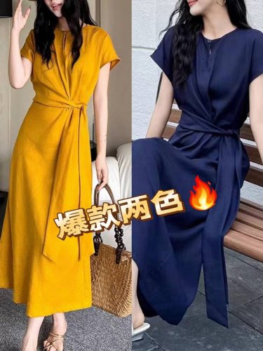 连衣裙 力荐 主推高品质 十拿十补款 天丝亚麻设计感收腰带圆领连衣裙 橘黄色.藏蓝色两色四码Smlxl