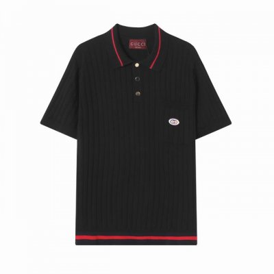 z222# 高品质 Gucci 古驰经典条纹小标针织polo短袖 高端品质 三标齐全，舒适透气，经典简约，精致时尚，细节呈现高端品质，男女同款。 颜色:黑色 杏