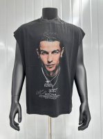 Vt008 足球巨星C罗克里斯蒂亚诺 罗纳尔多 Cristiano Ronaldo Big Face人像印花复古水洗做旧无袖坎肩T恤 小领口设计 白墨数码直喷印