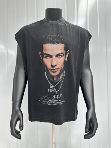 Vt008 足球巨星C罗克里斯蒂亚诺 罗纳尔多 Cristiano Ronaldo Big Face人像印花复古水洗做旧无袖坎肩T恤 小领口设计 白墨数码直喷印
