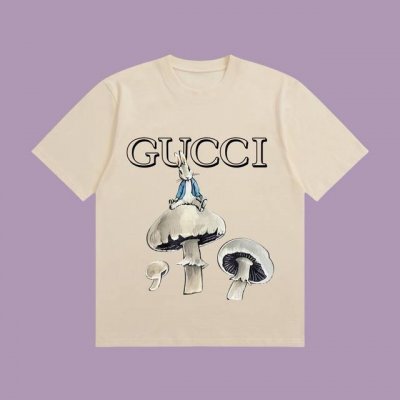 高端品质 Gucci 2025Fall 春夏系列 蘑菇小兔短袖T恤 区别普通印花 定织270G32支双纱纯棉面料 宽松版型 男女同款 颜色：白 黑 杏 藏蓝 S