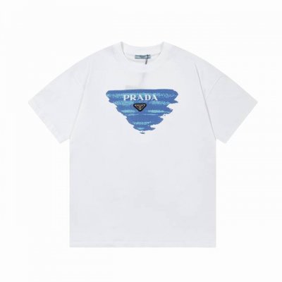 prada 普拉达 2025新款 轻奢主义 泼墨印花 定制三角皮章Logo 男女同款 短袖T恤 定制260克100％双纱纯棉面料 定染32支双股螺纹 领标吊牌主