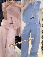 重磅100%亚麻马甲套装！高品质！欧货2025夏季新款时尚百搭圆领无袖马甲外套+裤子套装，2色蓝色，粉色Smlxl