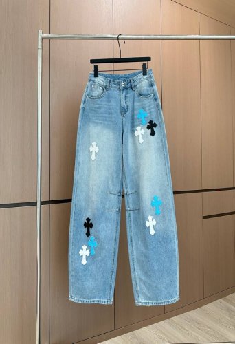 克罗心*25夏季新款原创定制潮酷街头设计重工十字架撞色贴皮水洗牛仔裤高腰直筒阔腿长裤 浅蓝色Sml Aa